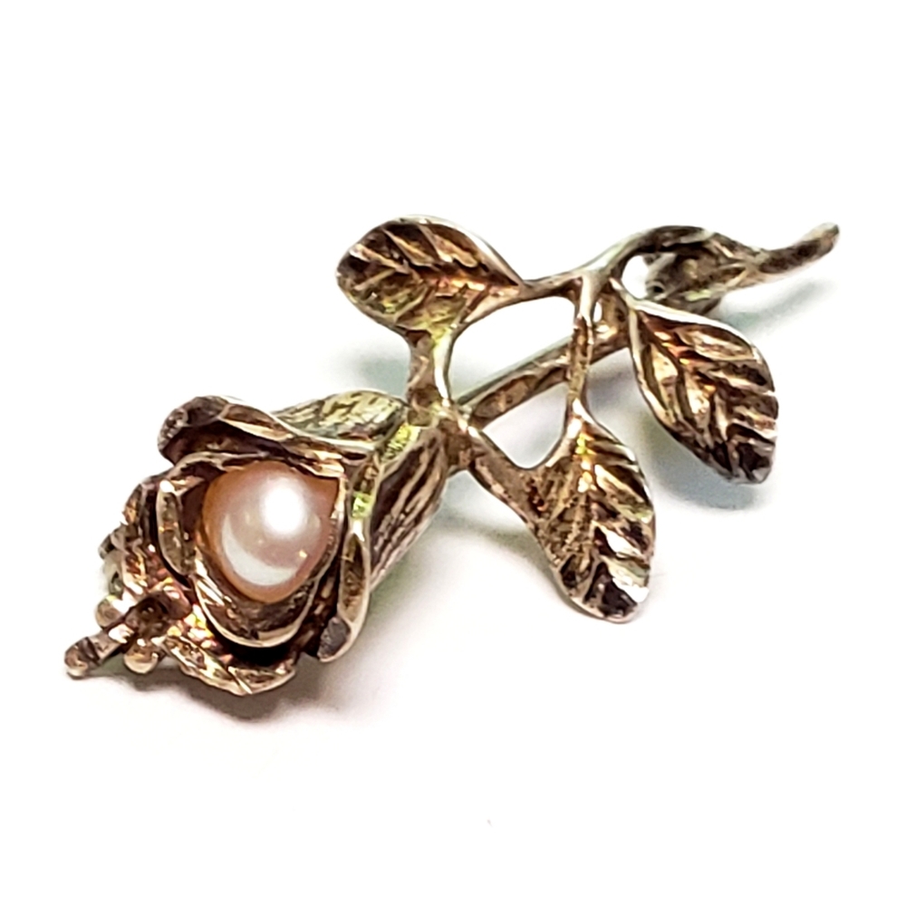 Sterling Rose Pearl Brooch Pin 1 1/3" Long Signed